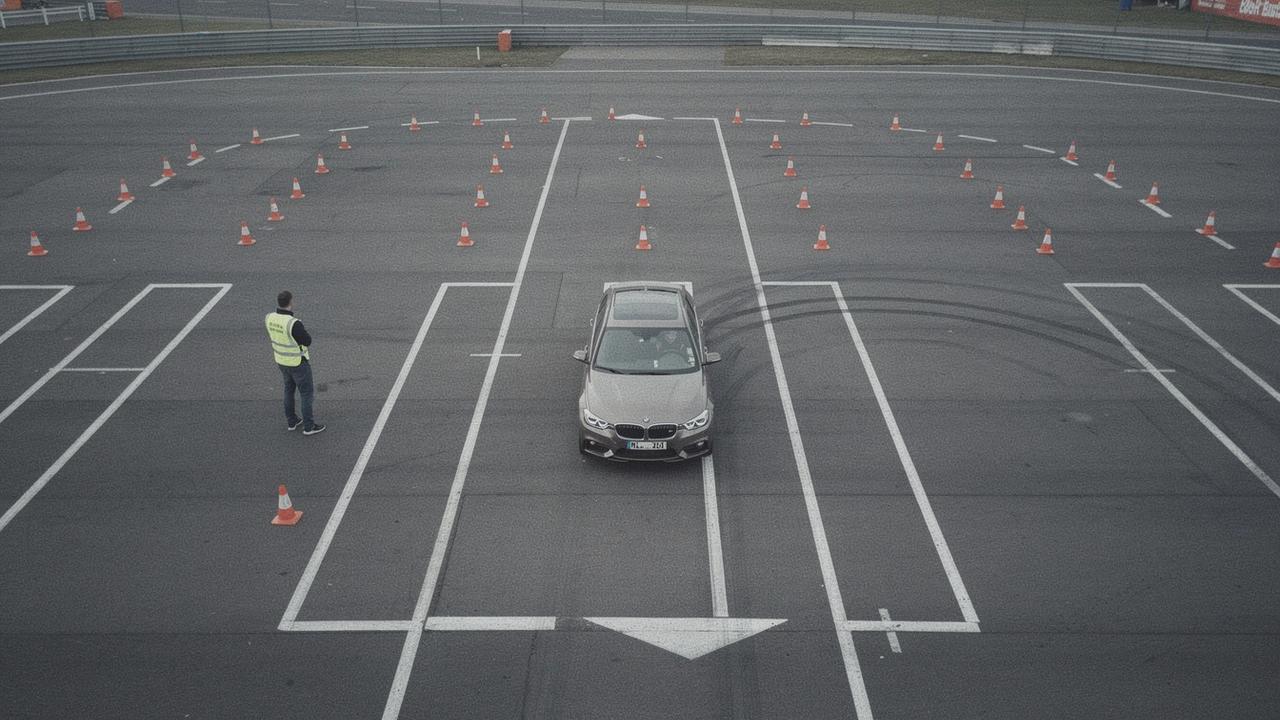 Instructor coaching a driver through a cone-marked emergency braking exercise on a closed training course